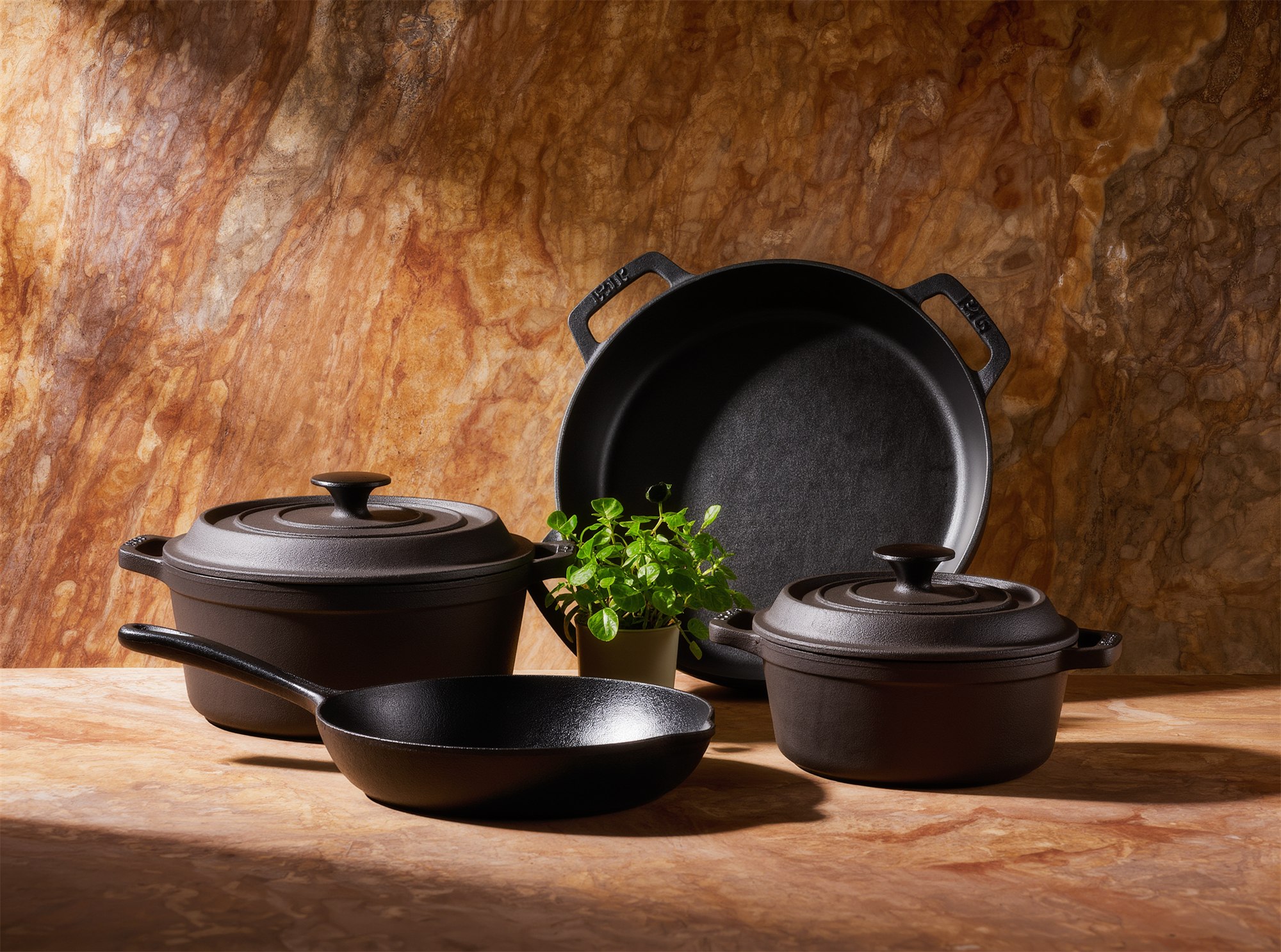 Dark cast-iron cookware and a small potted plant styled on a warm surface.