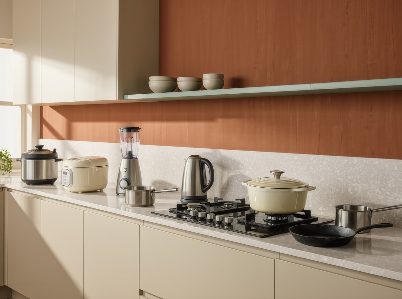 A bright kitchen counter set with a pressure cooker, rice cooker, blender, electric kettle, gas hob, enamelled casserole, saucepan and frying pan, against ivory cabinetry and a terracotta wall.